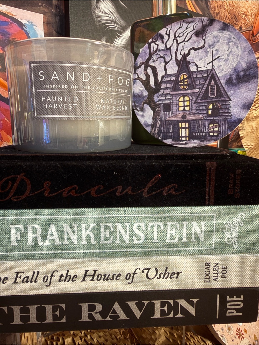 SAND+FOG Haunted Harvest Scented Candle — Grey Glass Jar with Haunted House lid